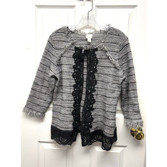 Chico’s Open Front Gray Black Cardigan Lace Trim Frayed Edges Size 2 or Womens L - Picture 1 of 7